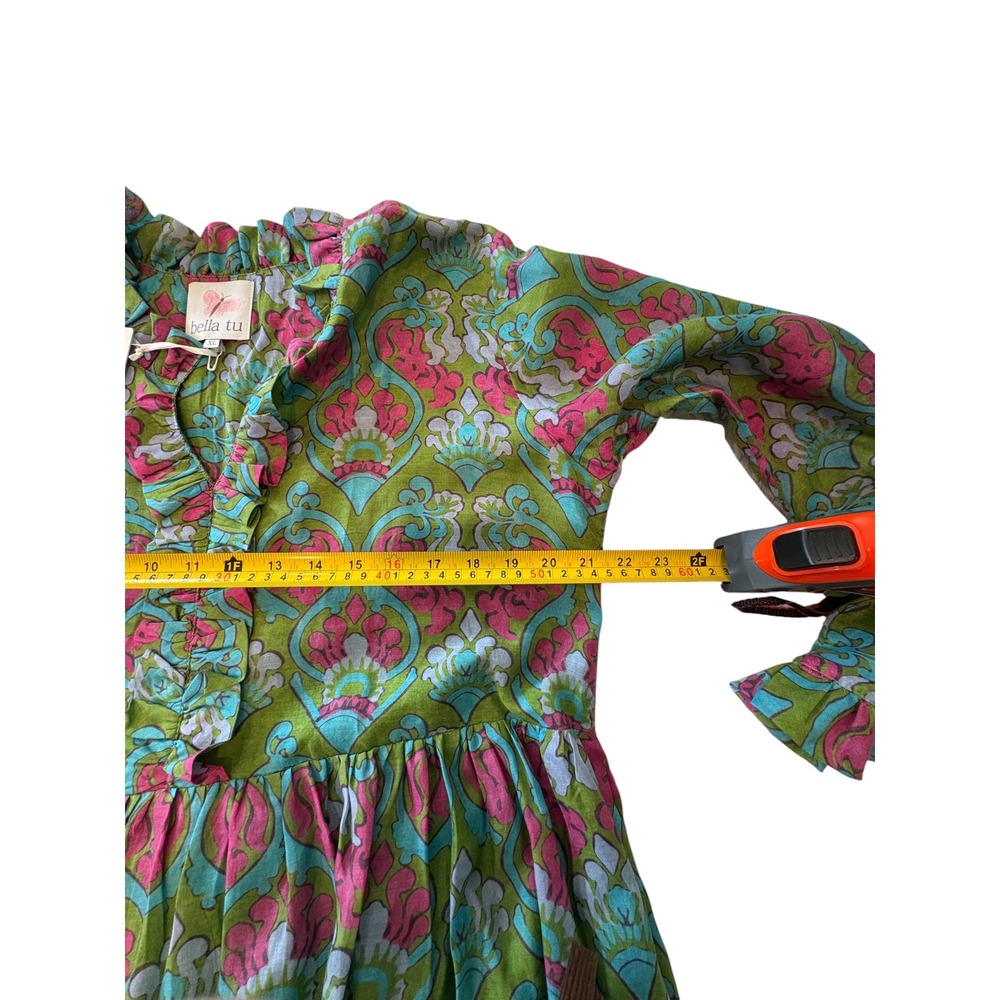 Bella Tu Women XL Green Pink Block Print Ruffle Dress Side Zip Pockets - Picture 5 of 14